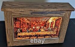 Glassmasters Light Up Oak Encased Stained Glass Window Panel Last Supper DaVinci