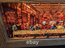 Glassmasters Light Up Oak Encased Stained Glass Window Panel Last Supper DaVinci