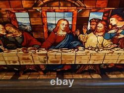 Glassmasters Light Up Oak Encased Stained Glass Window Panel Last Supper DaVinci