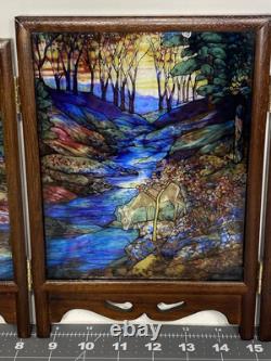 Glassmasters Louis C. Tiffany The Fawn Stained Glass Triptych Panel Screens