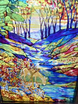 Glassmasters Louis C. Tiffany The Fawn Stained Glass Triptych Panel Screens