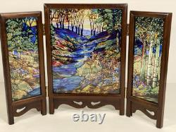Glassmasters Louis C. Tiffany The Fawn Stained Glass Triptych Panel Screens