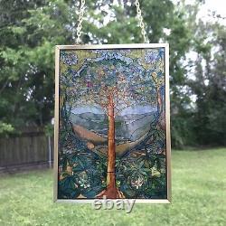 Glassmasters Louis C Tiffany Tree of Life Stained Glass Panel Brass Frame Signed