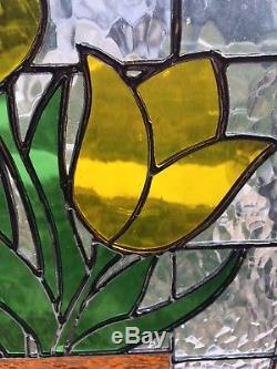 Golden Tulips Beautiful Handcrafted Stained Glass Window Panel 11.5 x 14.5