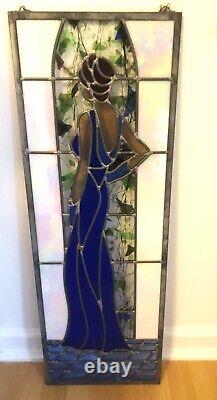 Gorgeous! Large Cobalt blue, woman at the ball. Stained glass window vintage