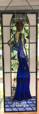 Gorgeous! Large Cobalt blue, woman at the ball. Stained glass window vintage