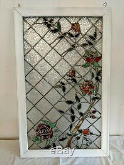 Gorgeous Tiffany Style Stained Glass Window Panel Lattice & Roses 30 by 19