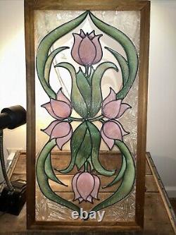 Gorgeous VTG Floral Rose Bevel Edge Leaded Stained Glass Window Hanging 25.5x13