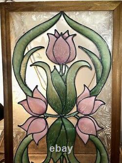 Gorgeous VTG Floral Rose Bevel Edge Leaded Stained Glass Window Hanging 25.5x13