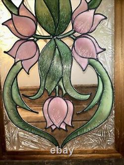 Gorgeous VTG Floral Rose Bevel Edge Leaded Stained Glass Window Hanging 25.5x13