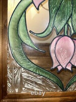 Gorgeous VTG Floral Rose Bevel Edge Leaded Stained Glass Window Hanging 25.5x13