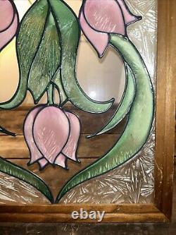 Gorgeous VTG Floral Rose Bevel Edge Leaded Stained Glass Window Hanging 25.5x13