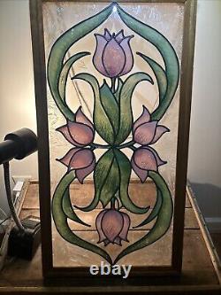 Gorgeous VTG Floral Rose Bevel Edge Leaded Stained Glass Window Hanging 25.5x13