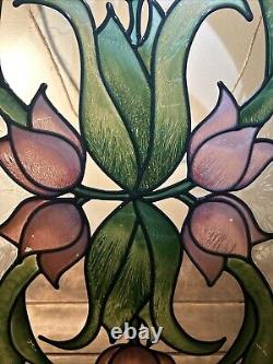 Gorgeous VTG Floral Rose Bevel Edge Leaded Stained Glass Window Hanging 25.5x13