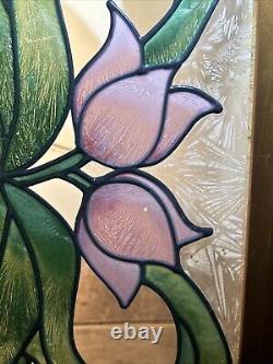 Gorgeous VTG Floral Rose Bevel Edge Leaded Stained Glass Window Hanging 25.5x13