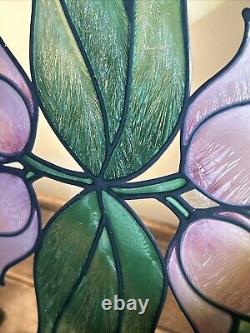 Gorgeous VTG Floral Rose Bevel Edge Leaded Stained Glass Window Hanging 25.5x13