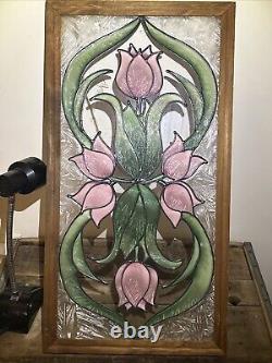 Gorgeous VTG Floral Rose Bevel Edge Leaded Stained Glass Window Hanging 25.5x13