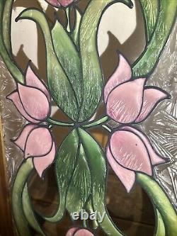 Gorgeous VTG Floral Rose Bevel Edge Leaded Stained Glass Window Hanging 25.5x13