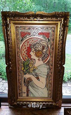HUGE 23 x 11.5 Mucha lady ART Deco Stained Glass Window Panel