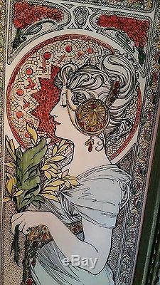 HUGE 23 x 11.5 Mucha lady ART Deco Stained Glass Window Panel