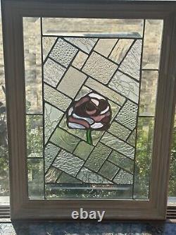 Hand Crafted Leaded Stained-Glass Window Panel Art Glass 19 X 14 Wood Frame
