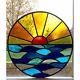 Hand Crafted Stained Glass Round Circle Window Door Panels Sun Set Sea