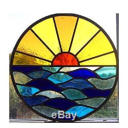 Hand Crafted Stained Glass Round Circle Window Door Panels Sun Set Sea
