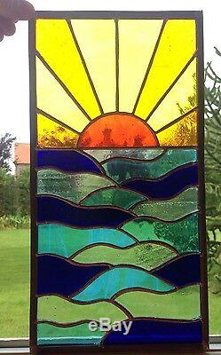 Hand Crafted Stained Glass Window Door Panels Sun Set Sea, Made to Order