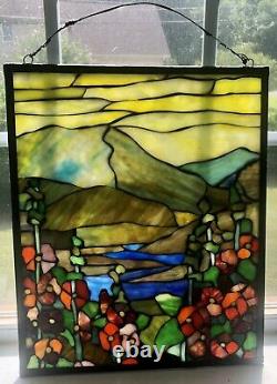 Hand Made Vintage Leaded Stained Glass Panel Mountain Range Flowers 15x 18.5