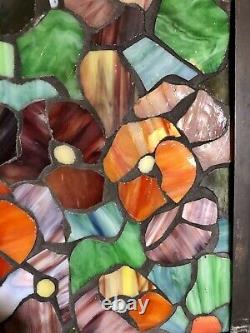 Hand Made Vintage Leaded Stained Glass Panel Mountain Range Flowers 15x 18.5