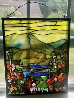 Hand Made Vintage Leaded Stained Glass Panel Mountain Range Flowers 15x 18.5