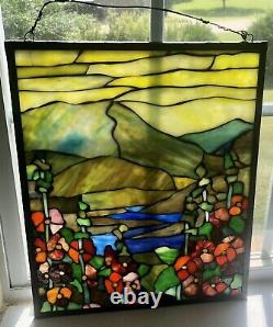 Hand Made Vintage Leaded Stained Glass Panel Mountain Range Flowers 15x 18.5