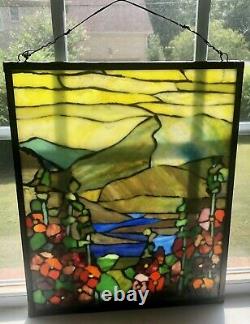 Hand Made Vintage Leaded Stained Glass Panel Mountain Range Flowers 15x 18.5
