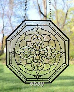 Handcrafted All Clear stained glass Octagon Beveled window panel 24 x 24