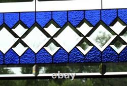 Handcrafted Blue Clear Beveled Stained Glass Panel (48.75 x 12.75 inches)