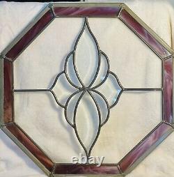 Handcrafted Clear/Mauve Stained Glass Octagon Beveled Window Panel 16.5 x 16.5