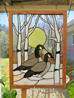 Handcrafted Large Oak Framed Stained Glass Snow Geese Panel