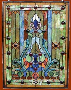 Handcrafted Stained Glass & Cabochons Victorian Design Window Panel 18 x 25