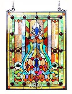Handcrafted Stained Glass & Cabochons Victorian Design Window Panel 18 x 25