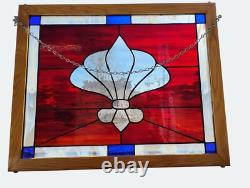 Handcrafted Stained Glass Fleur-De-Lis Panel With Red & Blue Accents In Oak Fram