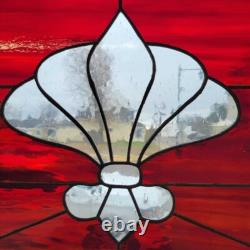 Handcrafted Stained Glass Fleur-De-Lis Panel With Red & Blue Accents In Oak Fram