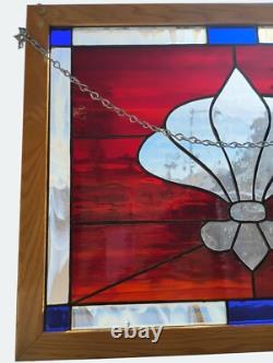 Handcrafted Stained Glass Fleur-De-Lis Panel With Red & Blue Accents In Oak Fram