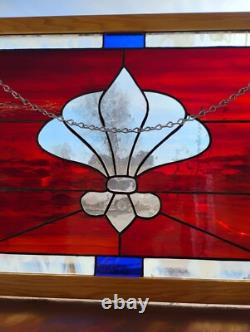 Handcrafted Stained Glass Fleur-De-Lis Panel With Red & Blue Accents In Oak Fram