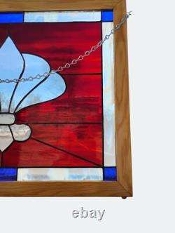 Handcrafted Stained Glass Fleur-De-Lis Panel With Red & Blue Accents In Oak Fram