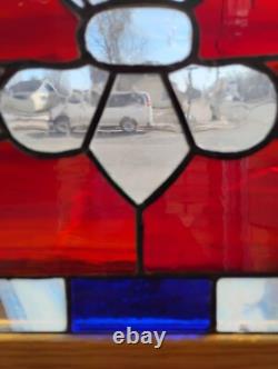 Handcrafted Stained Glass Fleur-De-Lis Panel With Red & Blue Accents In Oak Fram