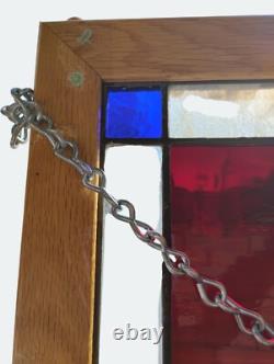 Handcrafted Stained Glass Fleur-De-Lis Panel With Red & Blue Accents In Oak Fram