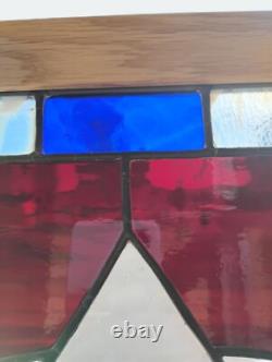 Handcrafted Stained Glass Fleur-De-Lis Panel With Red & Blue Accents In Oak Fram