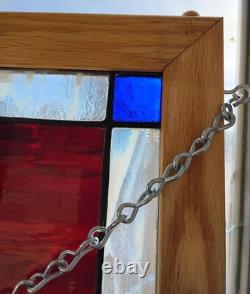 Handcrafted Stained Glass Fleur-De-Lis Panel With Red & Blue Accents In Oak Fram