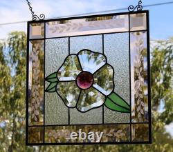 Handcrafted Stained Glass Flower Panel. Beveled, Sandblasted Border