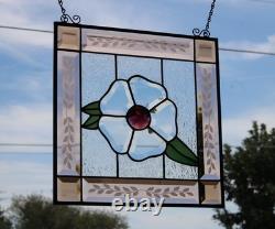 Handcrafted Stained Glass Flower Panel. Beveled, Sandblasted Border